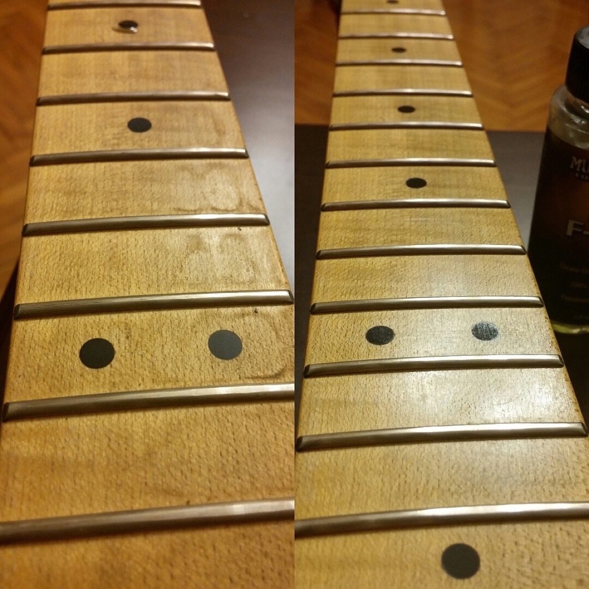 Haven't cleaned the fretboard since i bought the guitar in 2015. Shame on  me! I used a pick for the dead skin/dirt, and Dunlop fretboard-oil. : r/ guitars